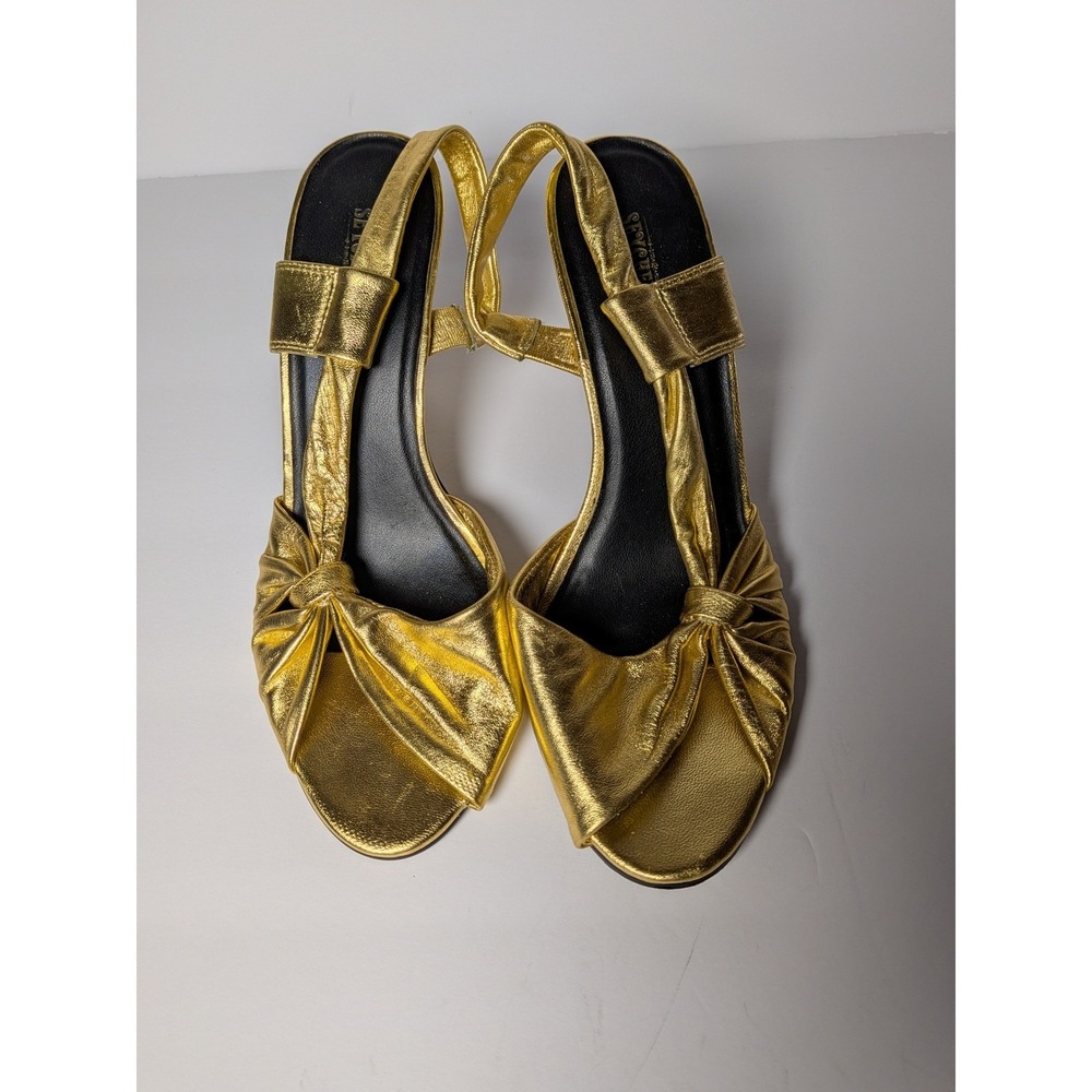 Seychelles Metallic Gold Leather Slingback Kitten Heels Knotted Peep Toe 8.5